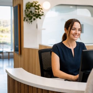 A medical receptionist speaking with a patient at a modern Australian general practice reception desk