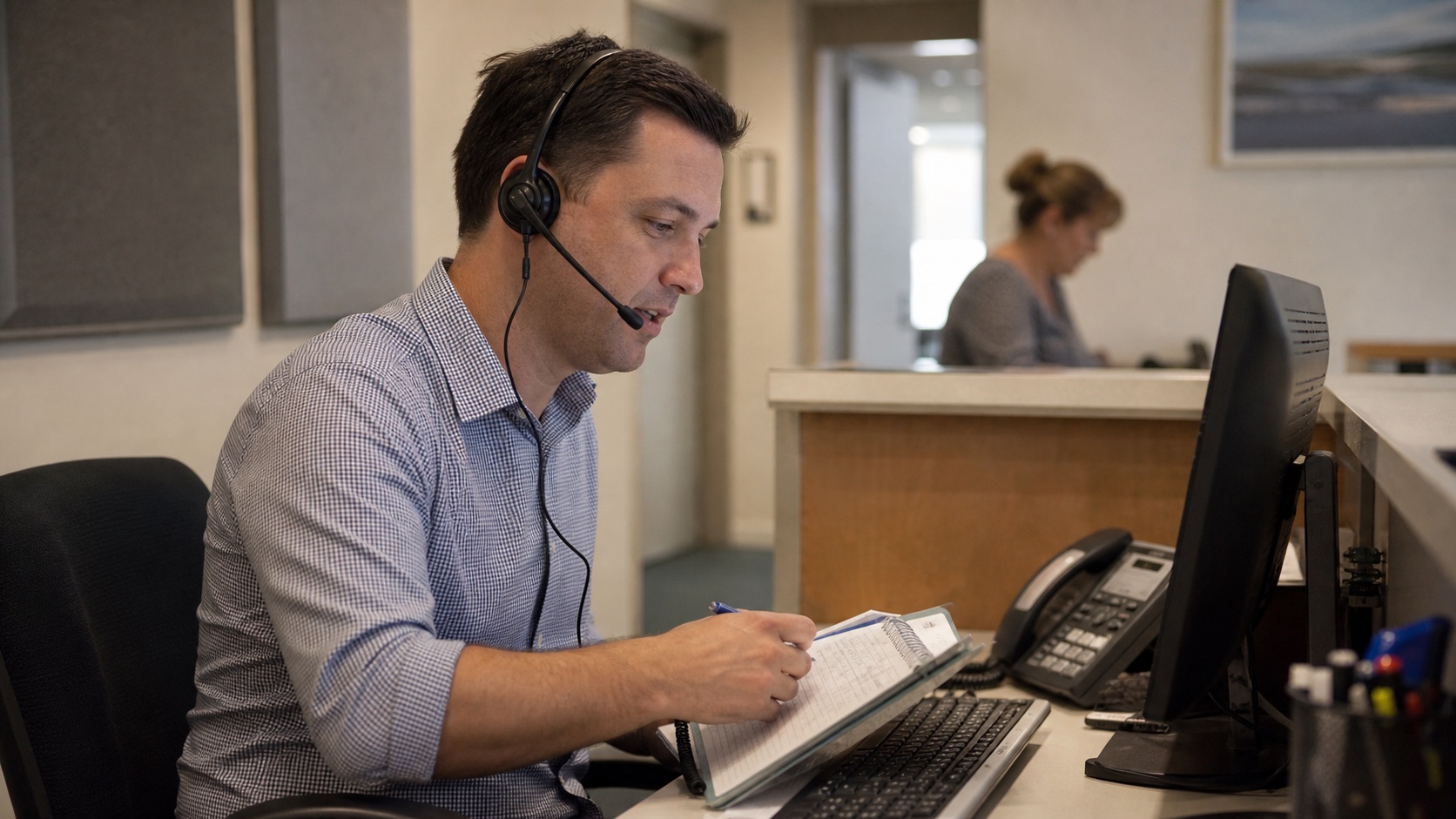 Medical receptionist coordinating a telephone call and appointment diary at an Australian general practice
