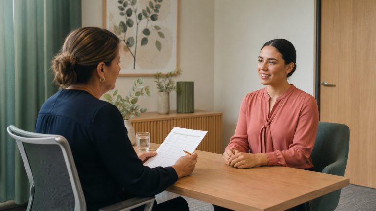 Practice manager conducting a structured medical receptionist interview in a private office