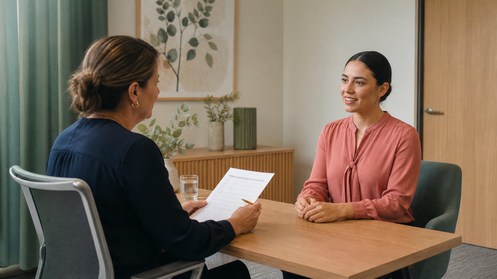Practice manager conducting a structured medical receptionist interview in a private office