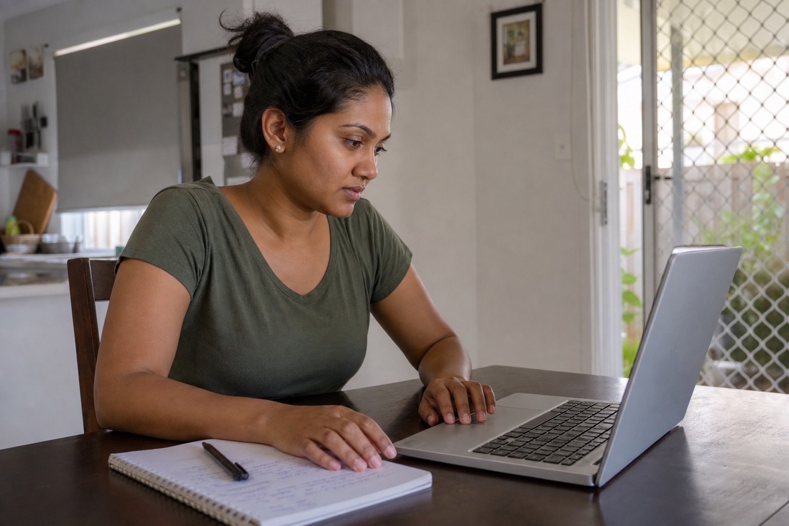 Adult learner completing online medical receptionist training at home