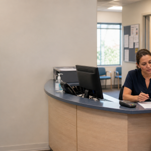 Illustrative scene: a receptionist writes on a fee estimate form while explaining it to a seated patient at a general practice reception desk
