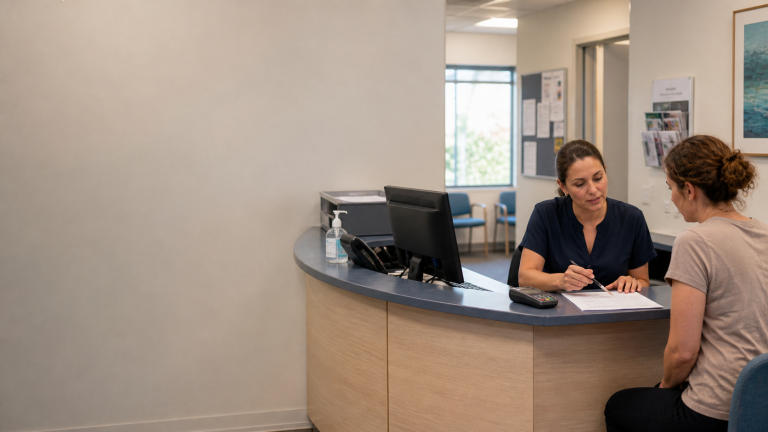 Illustrative scene: a receptionist writes on a fee estimate form while explaining it to a seated patient at a general practice reception desk