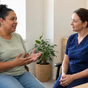 A nurse listens at eye level as a patient discusses her priorities in an Australian consultation room; AI-generated illustrative scene.