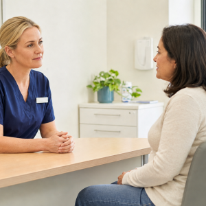 Blonde female general practice nurse discussing preventive health with a brunette woman in midlife.