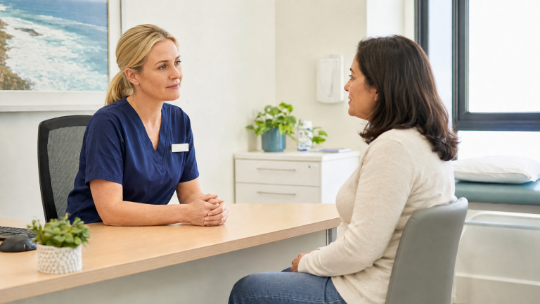 Blonde female general practice nurse discussing preventive health with a brunette woman in midlife.