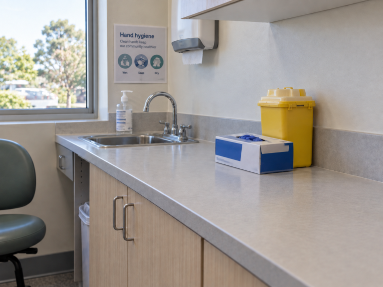 A glove box, closed yellow sharps container and sanitiser pump sit on a clinical bench beside a sink.