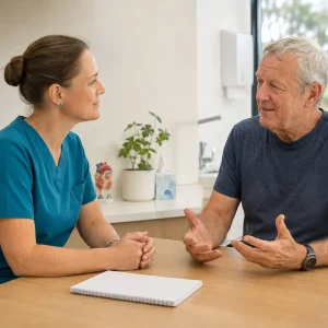 A practice nurse listens as an older man discusses his follow-up priorities in an Australian clinic. AI-generated illustrative scene.