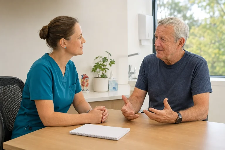 A practice nurse listens as an older man discusses his follow-up priorities in an Australian clinic. AI-generated illustrative scene.