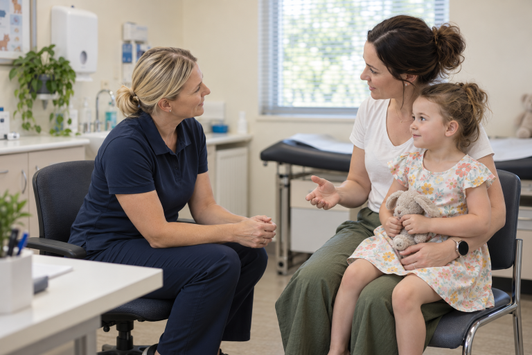 Practice nurse listening to a parent while their young child sits on their lap in an Australian general practice.