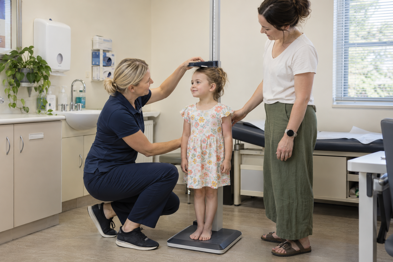 A practice nurse measuring a child’s height with a parent present in an Australian general practice.